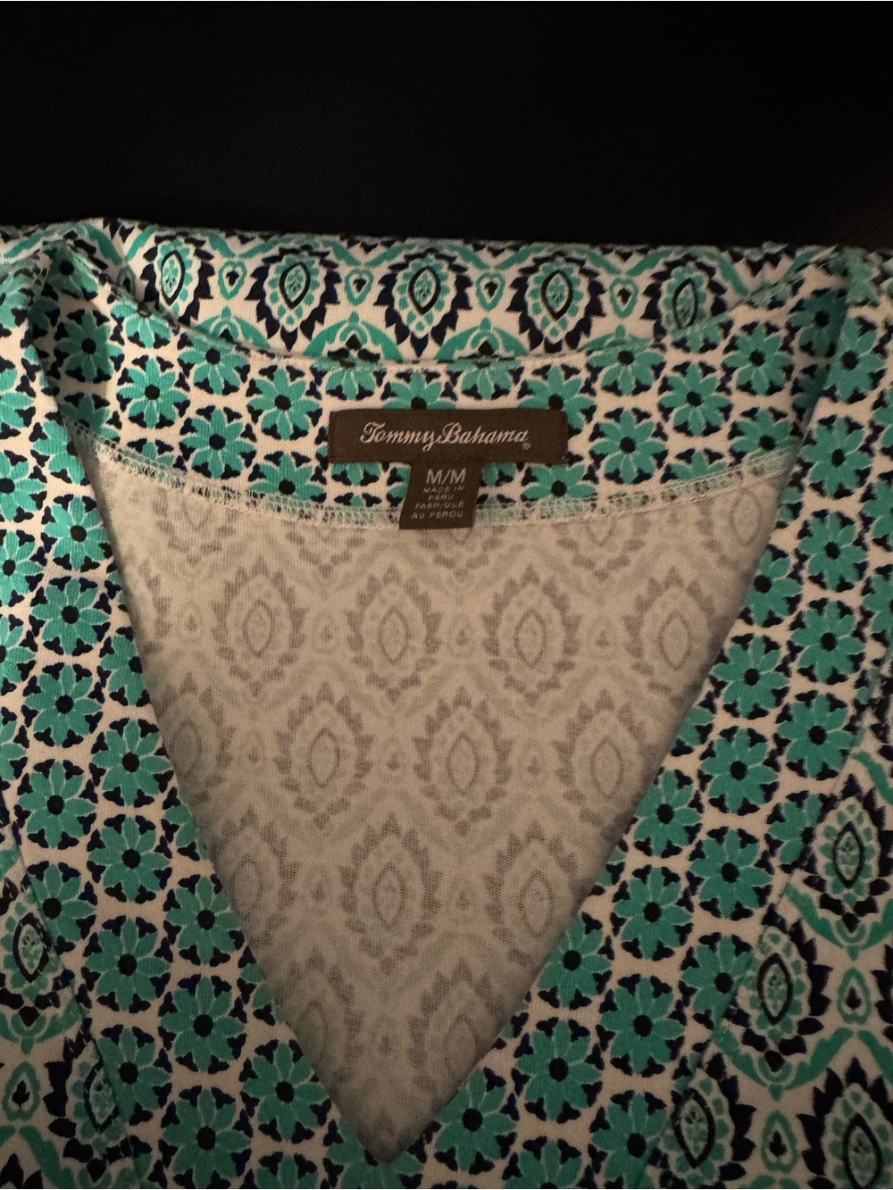 Tommy Bahama Teal, Aqua & White Printed V-Neck Dress